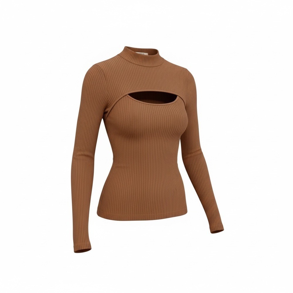 AGOLDE Lyza Rib Organic Cotton Cutout Tan Neutral Long Sleeve Top NWOT S